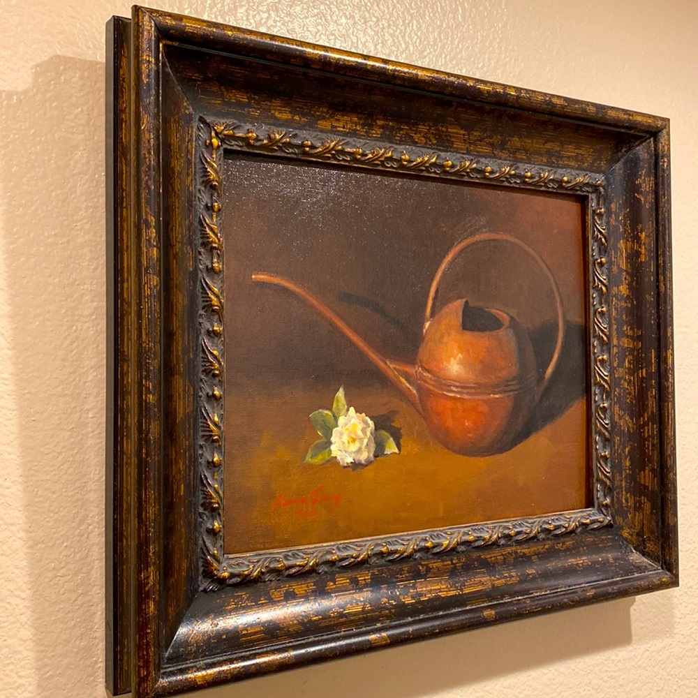 Original Oil Painting of An Antique Watering Can & White Flower w/Frame 11 x 14" - Picture 2 of 5